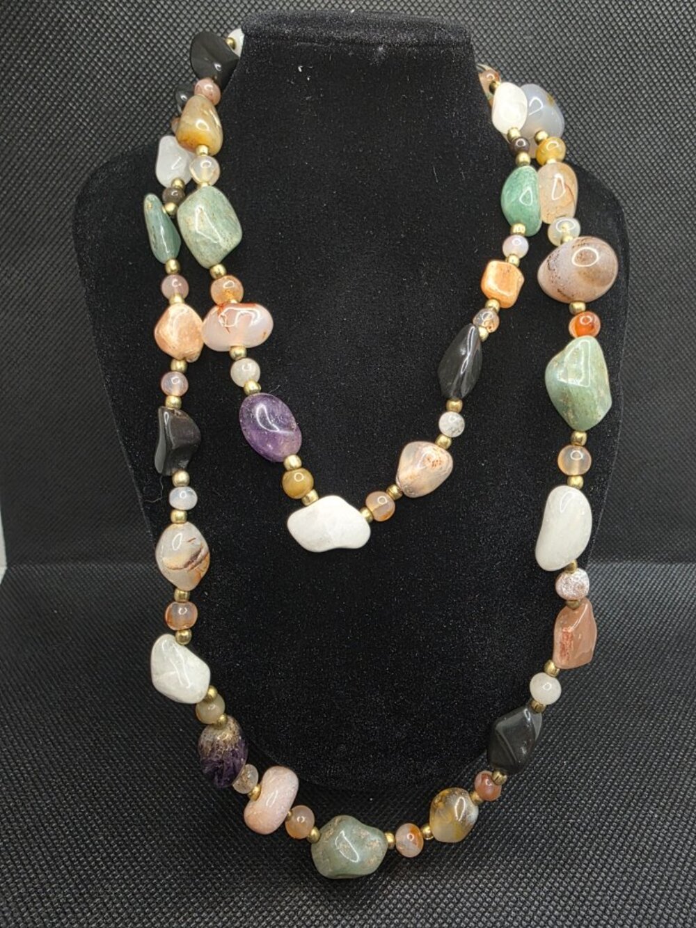 35" Genuine Mixed Gemstone Nugget Bead Necklace Long Polished Stone Artisan Boho